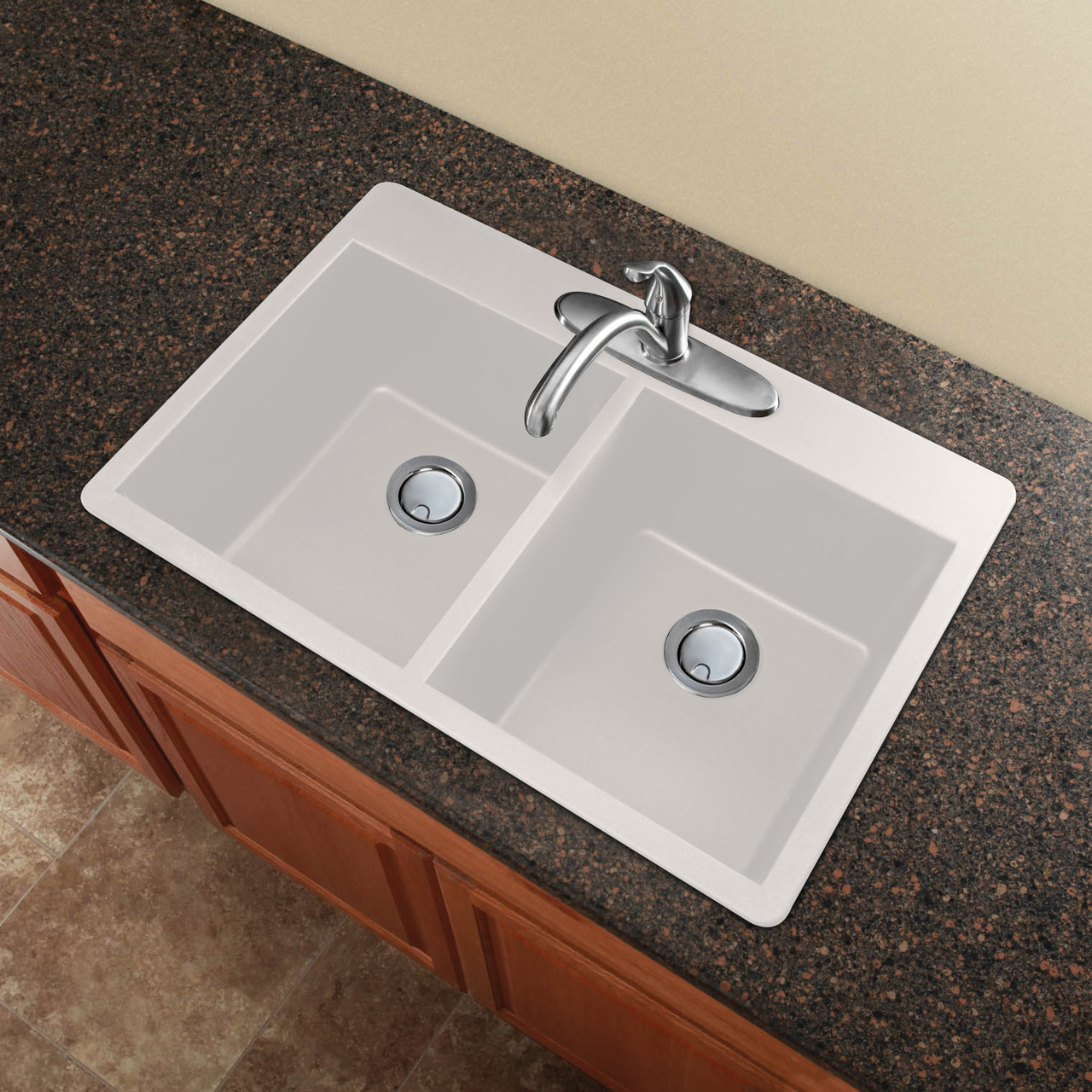 33-in x 22-in x 9.5-in silQ Granite Kitchen Sink with Double Equal Bowls, Drop-in Installation, with 1 Pre-Drilled Faucet Hole, in White