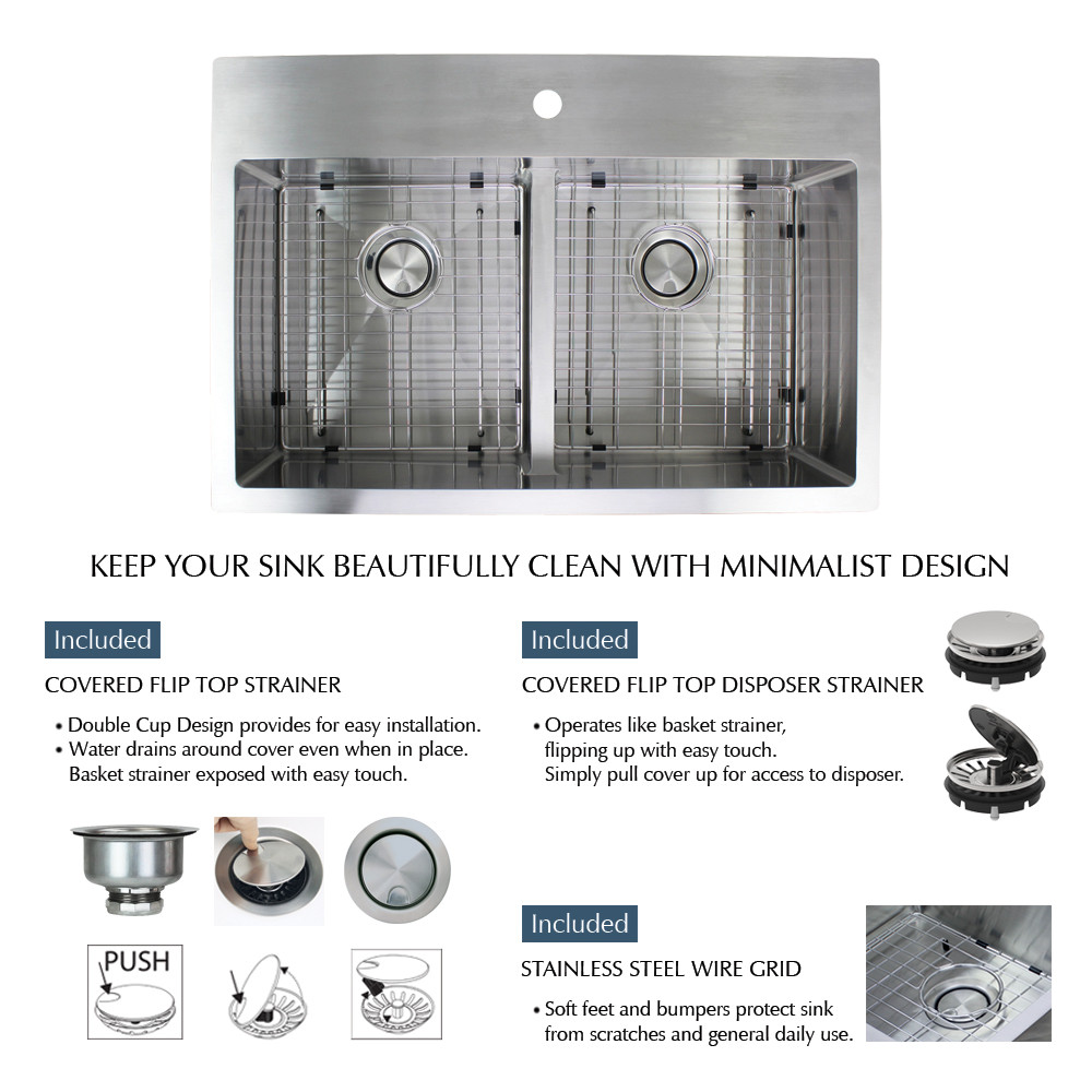 33-in x 22-in x 10-in 16 Gauge Double Equal Bowls, Stainless Steel Kitchen Sink with Low Divide, Micro Edge Dual Mount Installation, with 4 Holes 