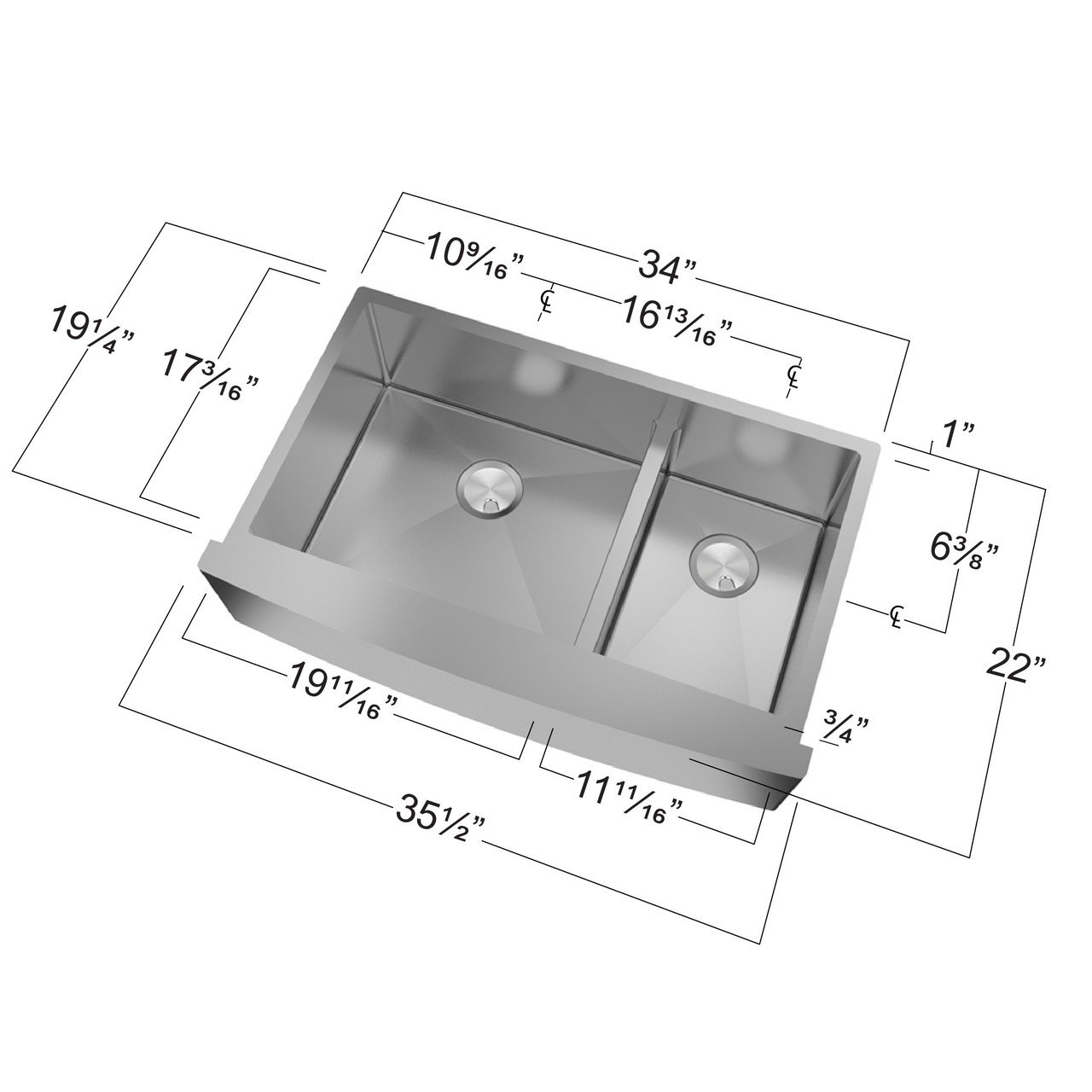 35.5-in x 22-in x 10-in 16 Gauge 60/40 Double Bowls, Farmhouse Stainless Steel Kitchen Sink with Low Divide, Undermount Installation