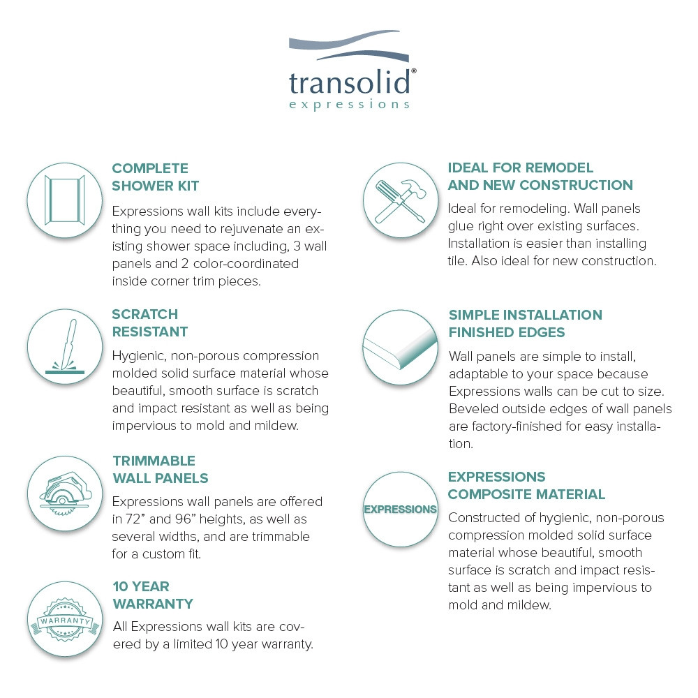 Transolid EWK363696-41 Expressions 36" X 36" X 96" 3-Piece Shower Wall Trimmable Kit, In Bianca