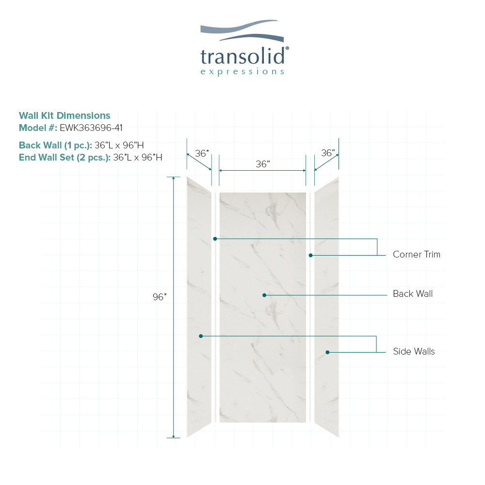 Transolid EWK363696-41 Expressions 36" X 36" X 96" 3-Piece Shower Wall Trimmable Kit, In Bianca