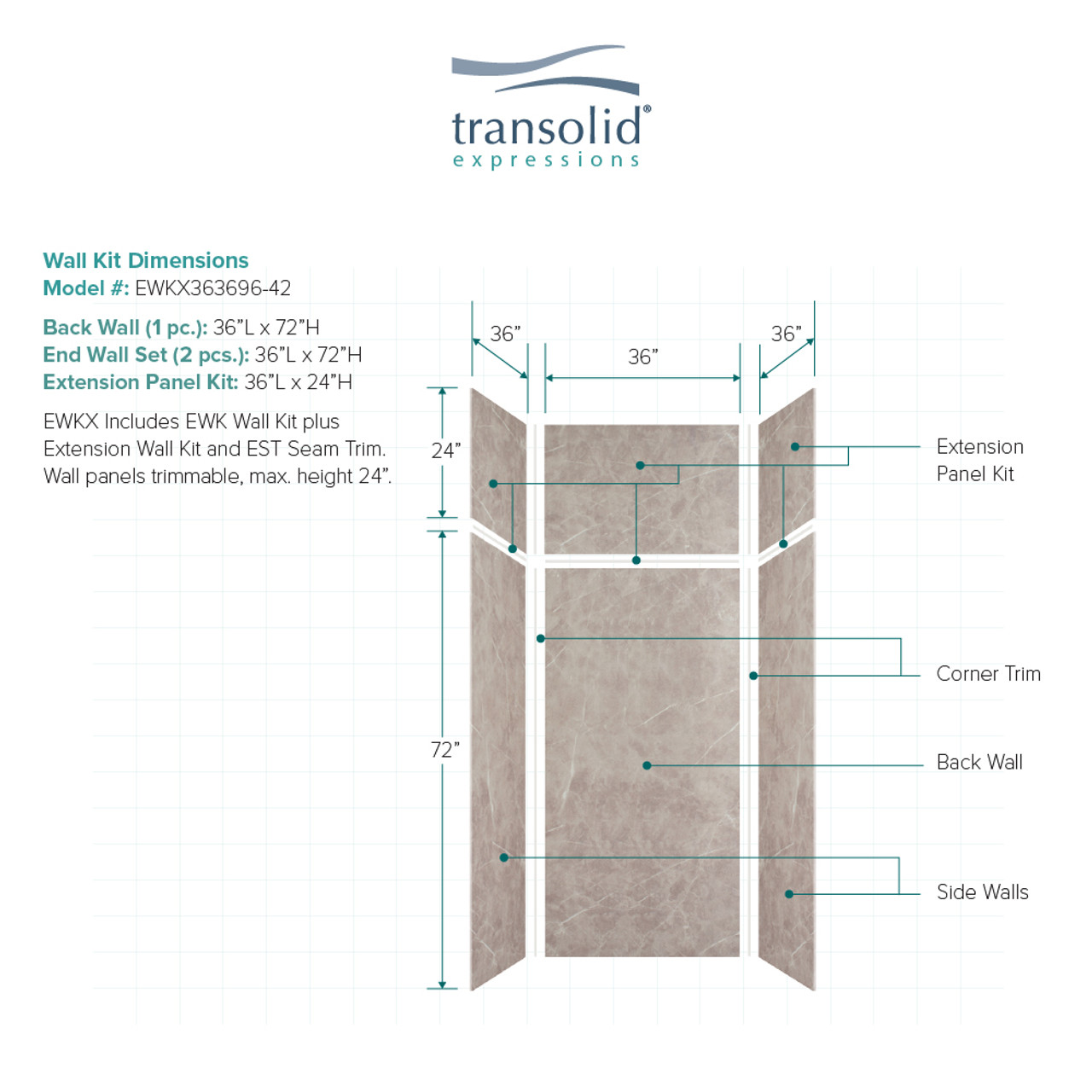 Transolid EWKX363696-42 Expressions 36" X 36" X 96" 6-Piece Shower Wall Trimmable Kit with Extension Kit, In Dover Stone