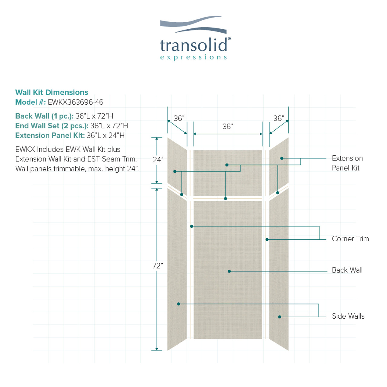 Transolid EWKX363696-46 Expressions 36" X 36" X 96" 6-Piece Shower Wall Trimmable Kit with Extension Kit, In Houndstooth