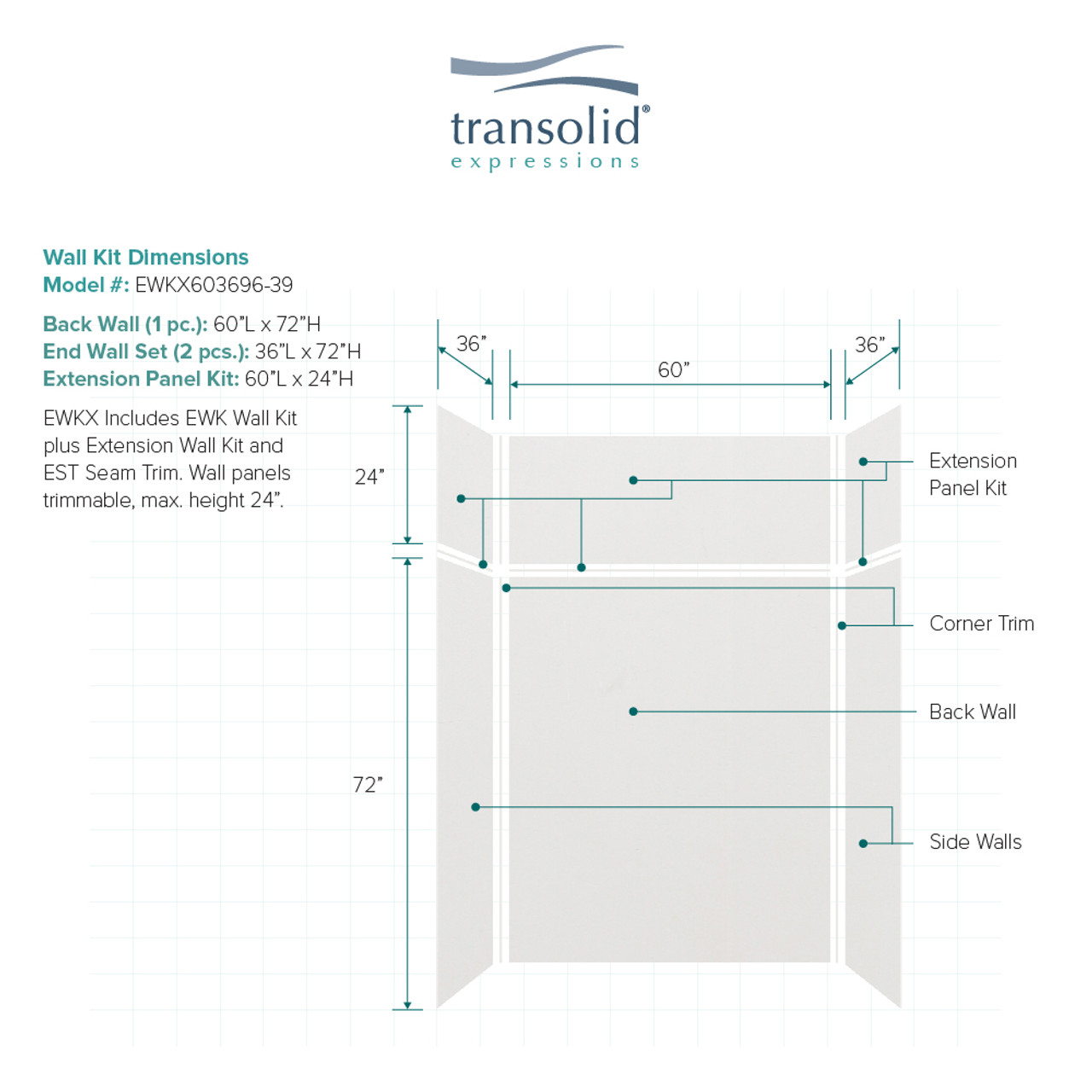 Transolid EWKX603696-39 Expressions 36" X 60" X 96" 6-Piece Tub/Shower Wall Kit with Extension Kit, In Grey