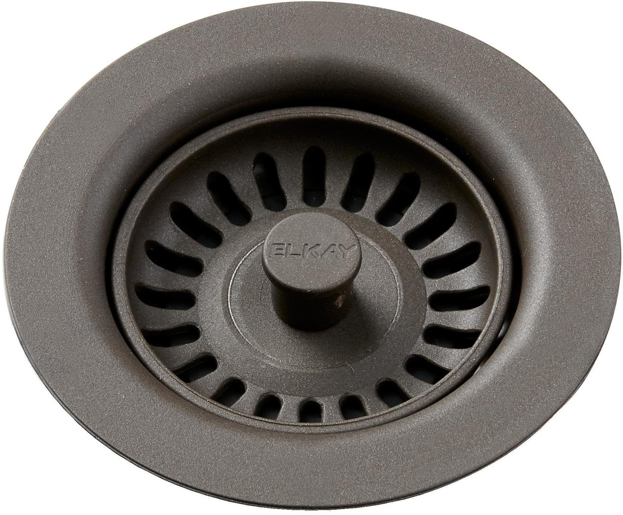 Polymer Drain Fitting with Removable Basket Strainer and Rubber Stopper in Chestnut