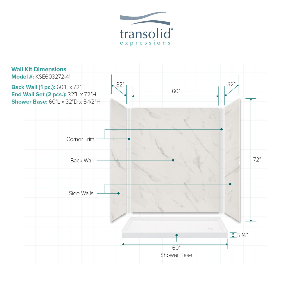 60" X 32" X 72" 4-Piece Alcove Shower Kit, In Bianca