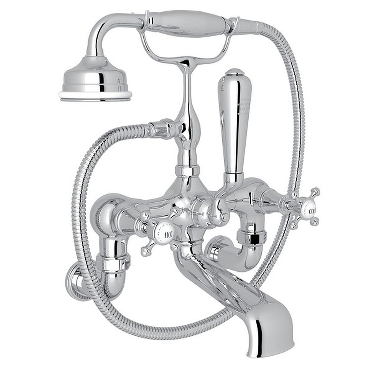 Exposed Wall Mount Tub Filler with Cross Handles Handshower in Polished Chrome