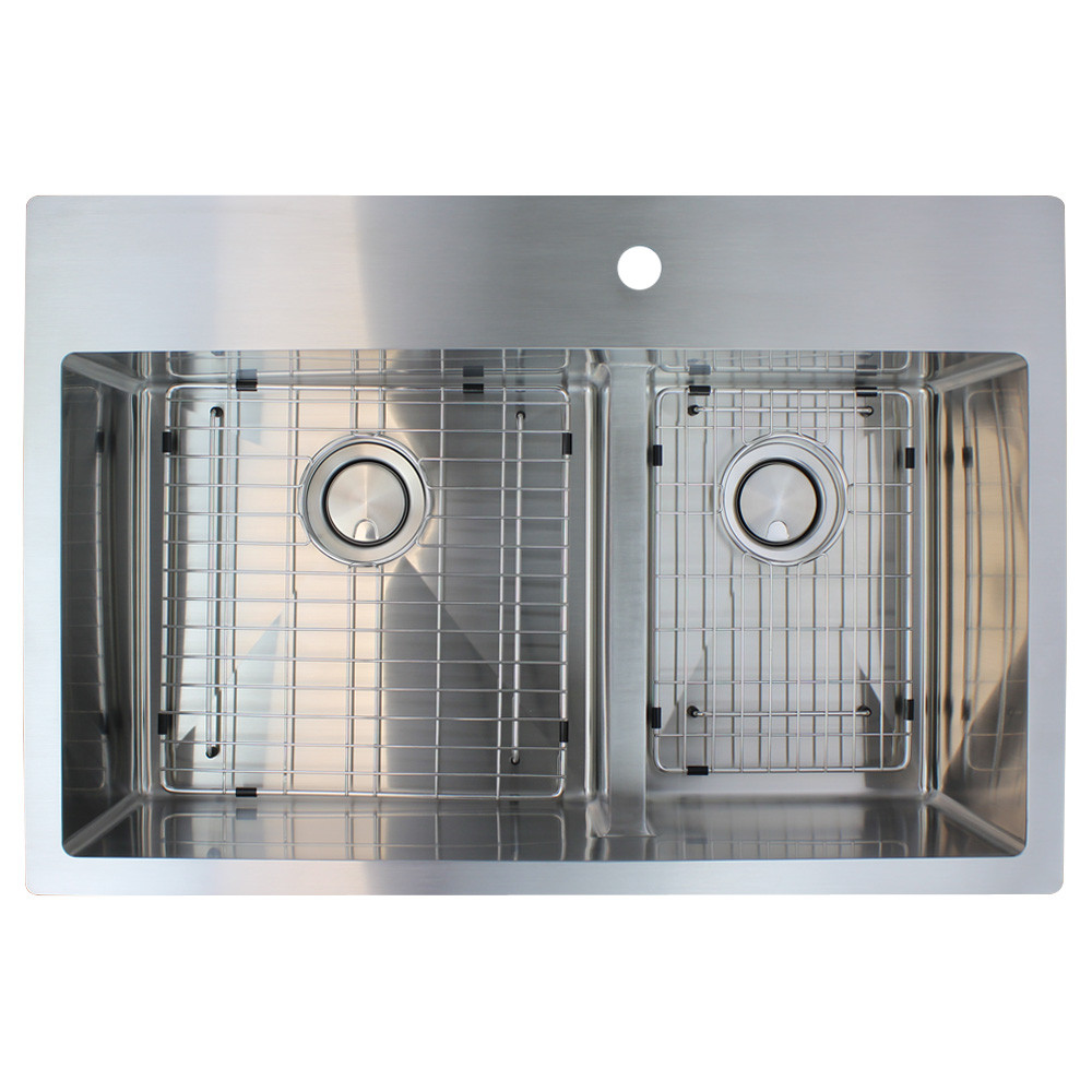 33-in x 22-in x 10-in 16 Gauge 60/40 Double Bowls, Stainless Steel Kitchen Sink with Low Divide, Micro Edge Dual Mount Installation, with 4 Holes