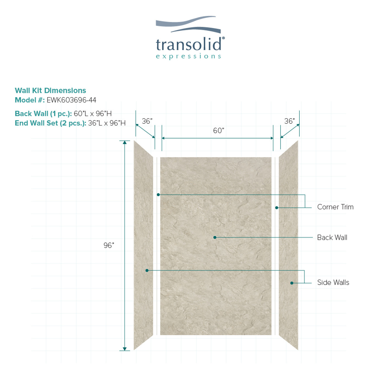 Transolid EWK603696-44 Expressions 36" X 60" X 96" 3-Piece Tub/Shower Wall Kit, In Sea Fog