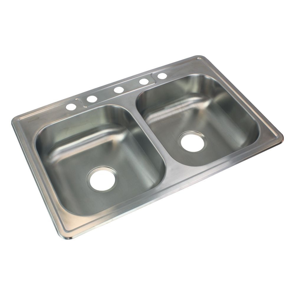33-in x 22.02-in x 6-in 22 Gauge Double Equal Bowls, Stainless Steel Kitchen Sink, Drop-in Installation with 5-Holes, with Grids, Strainer, Disposer Strainer, Installation Kit