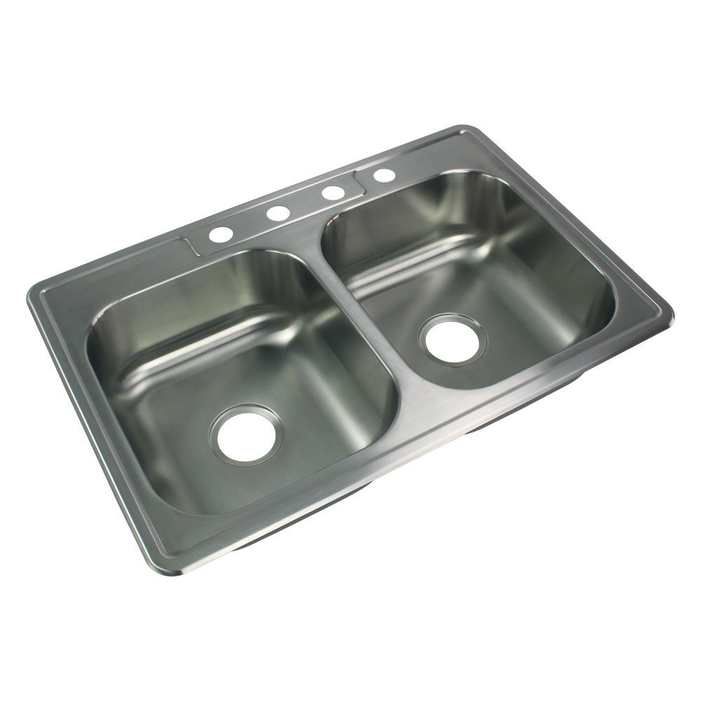 33-in x 22.02-in x 7-in 20 Gauge Double Equal Bowls, Stainless Steel Kitchen Sink, Drop-in Installation with 4-Holes, with Grids, Strainer, Disposer Strainer, Installation Kit