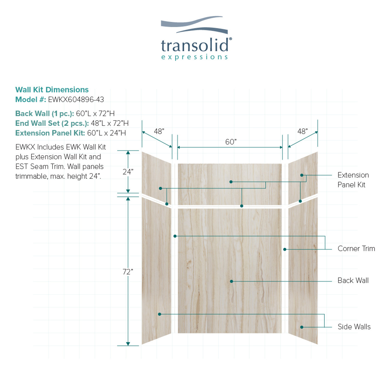 Transolid EWKX604896-43 Expressions 48" X 60" X 96" 6-Piece Tub/Shower Wall Kit with Extension Kit, In Sorento