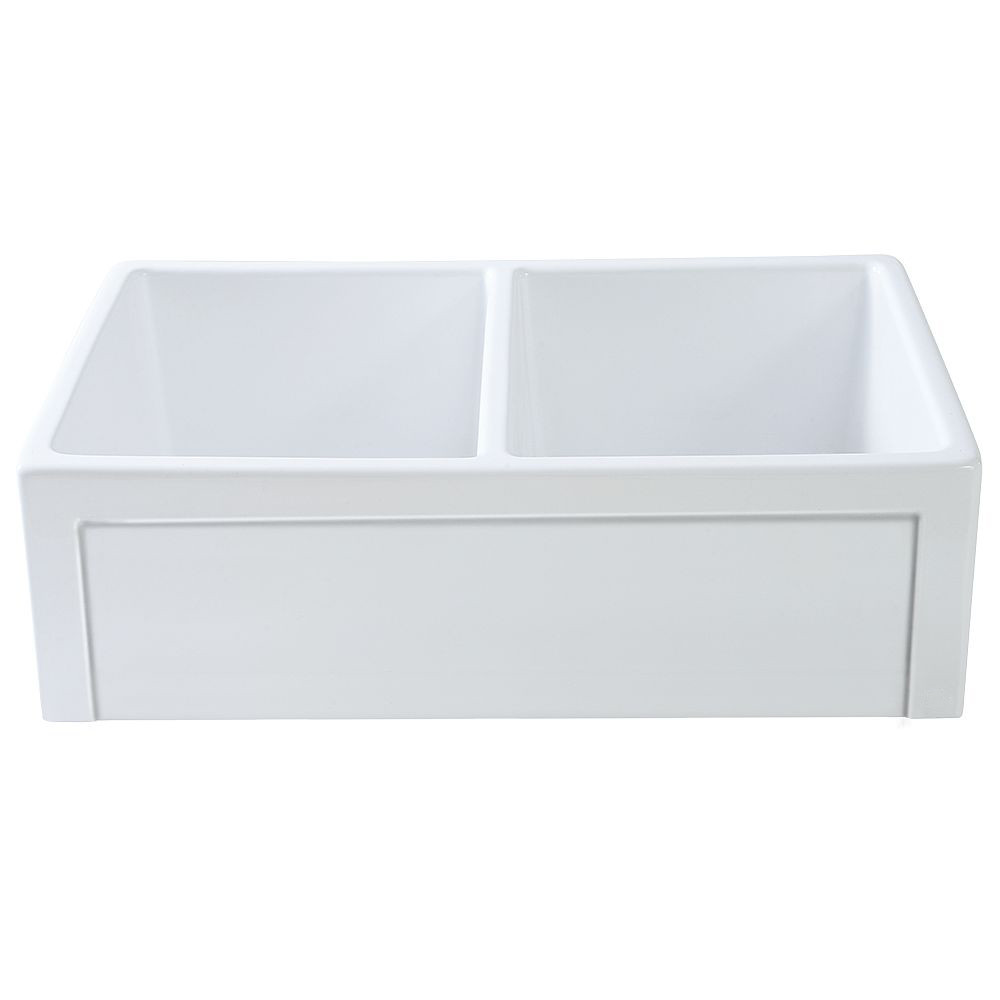 33-in x 20-in x 10-in Double Equal Bows with l Reversible (Roman/Plain) Front, Farmhouse Fireclay Kitchen Sink, Undermount Installation, in White