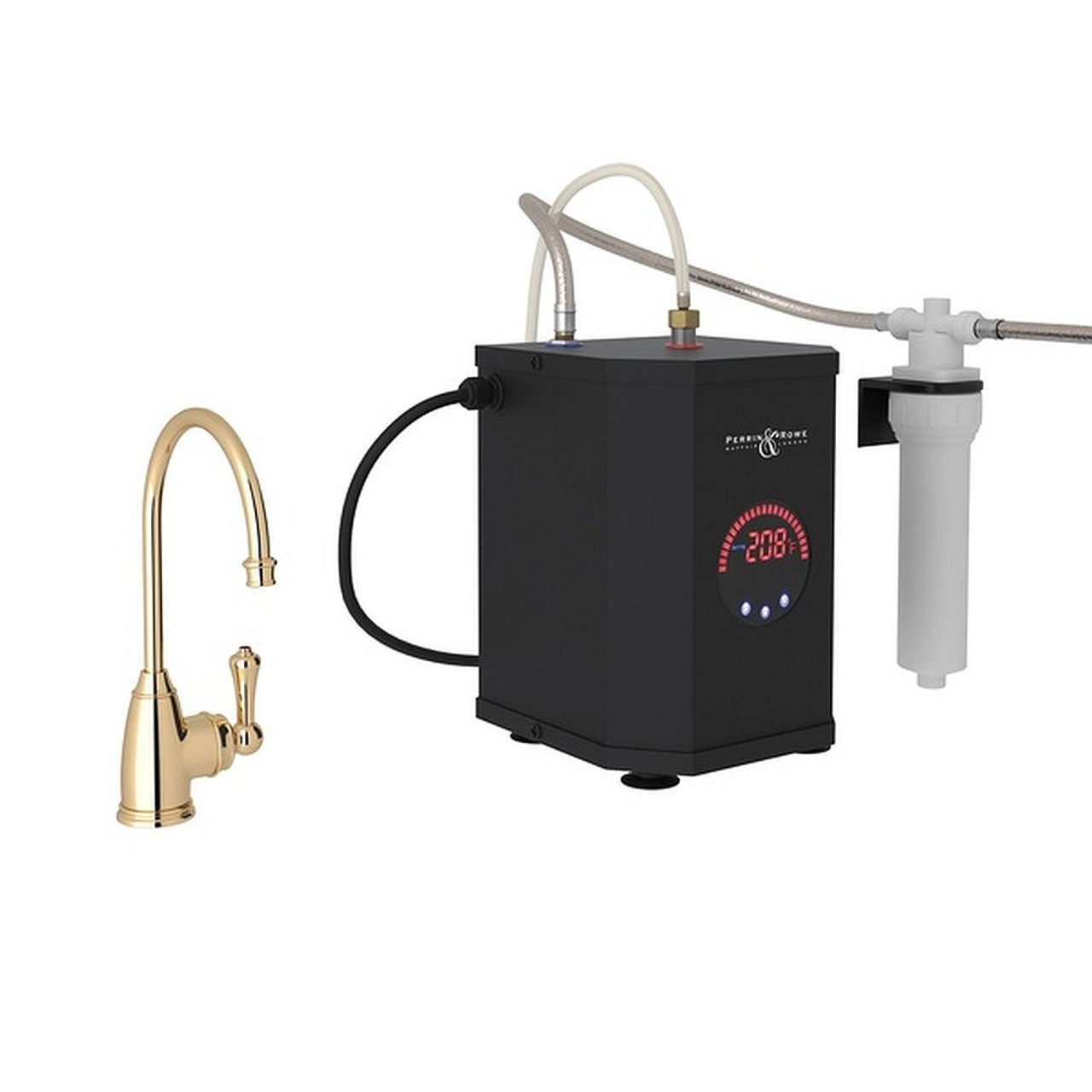 Georgia Era C-Spout Hot Water Faucet, Tank And Filter Kit In English Gold