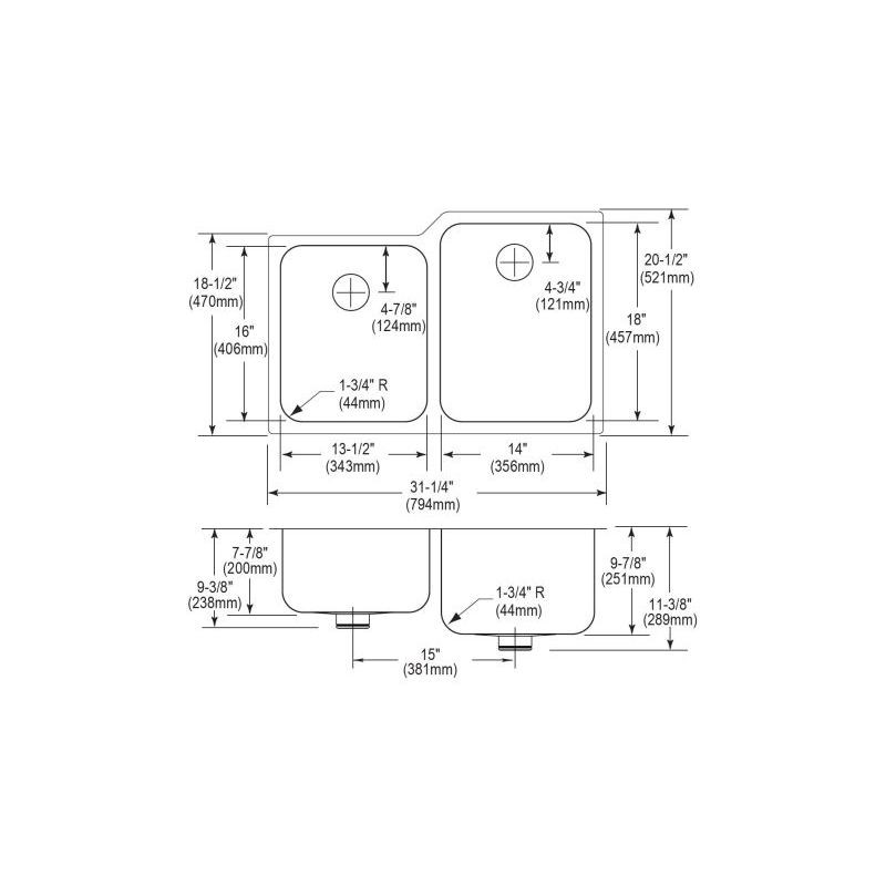 Elkay ELUH3120LPD Stainless Steel Double Bowl Undermount Sink Kit with Perfect Drain in Lustrous Highlighted Satin