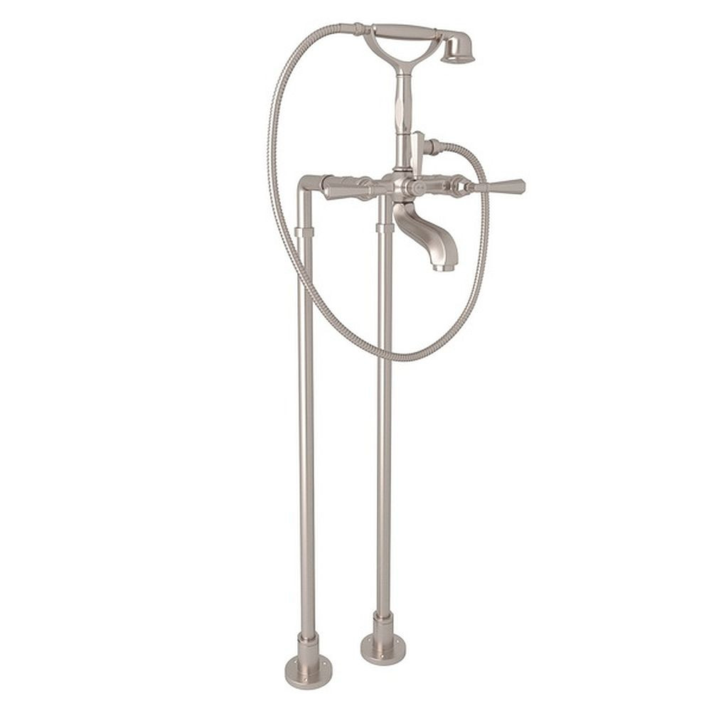 Rohl AKIT1901NLMSTN Exposed Floor Mount Tub Filler with Metal Lever Handshower and Floor Pillar Legs or Supply Unions in Satin Nickel