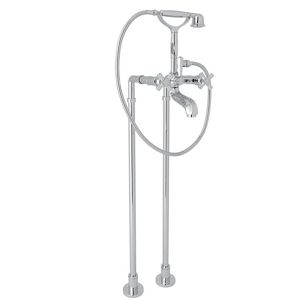 Rohl AKIT1901NXMAPC Exposed Floor Mount Tub Filler with Cross Handle Handshower and Floor Pillar Legs or Supply Unions in Polished Chrome