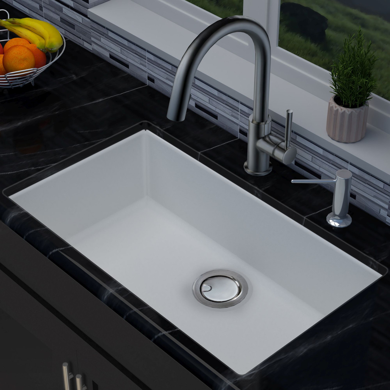 30-in x 18-in x 8-in silQ Granite Kitchen Sink with Super Single Bowl, Integral, Drop-in, Undermount Installation, with 0 Holes, In Total White