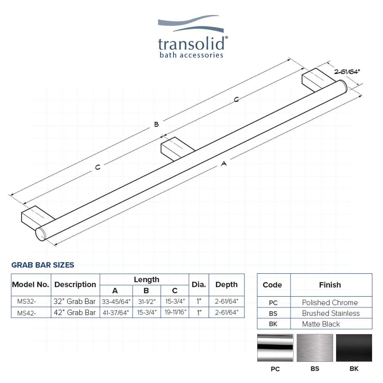 Transolid MS32PC 32-inch Grab Bar, In Polished Chrome