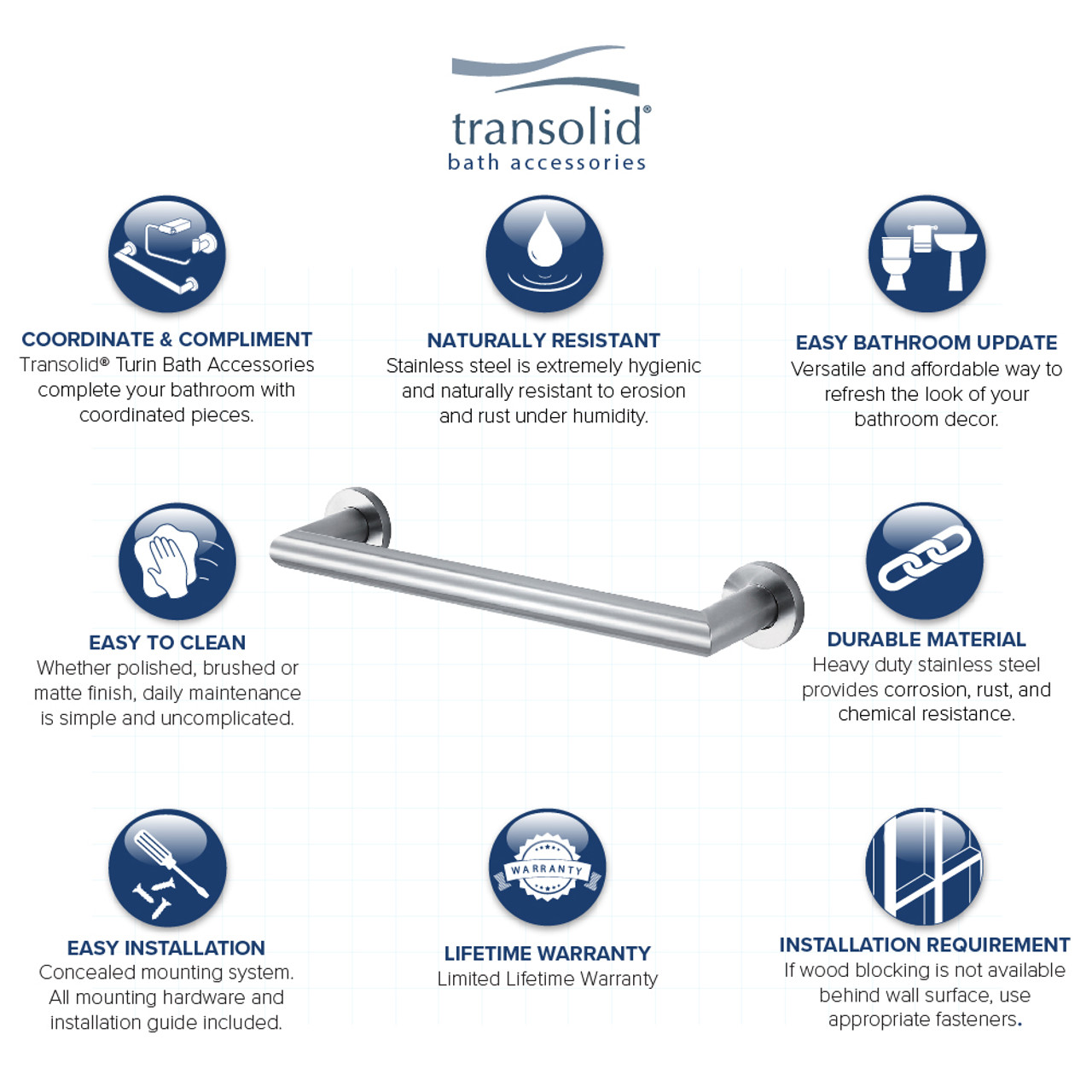 Transolid TS18BS 18-inch Grab Bar, In Brushed Stainless