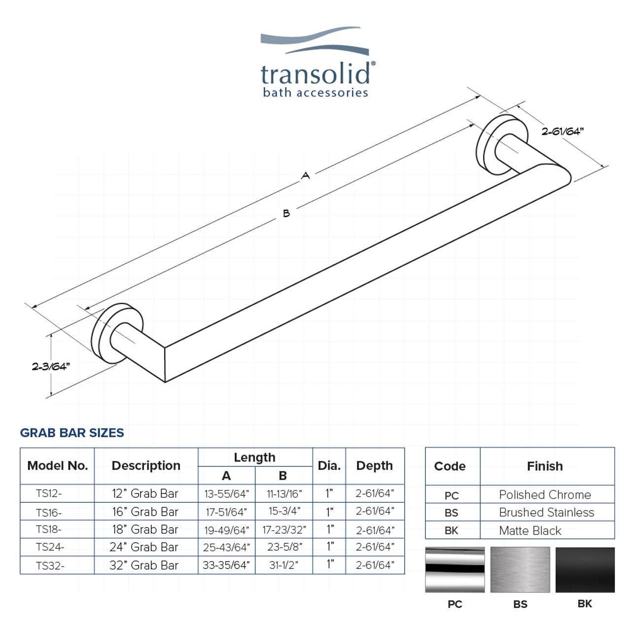 Transolid TS24BS 24-inch Grab Bar, In Brushed Stainless