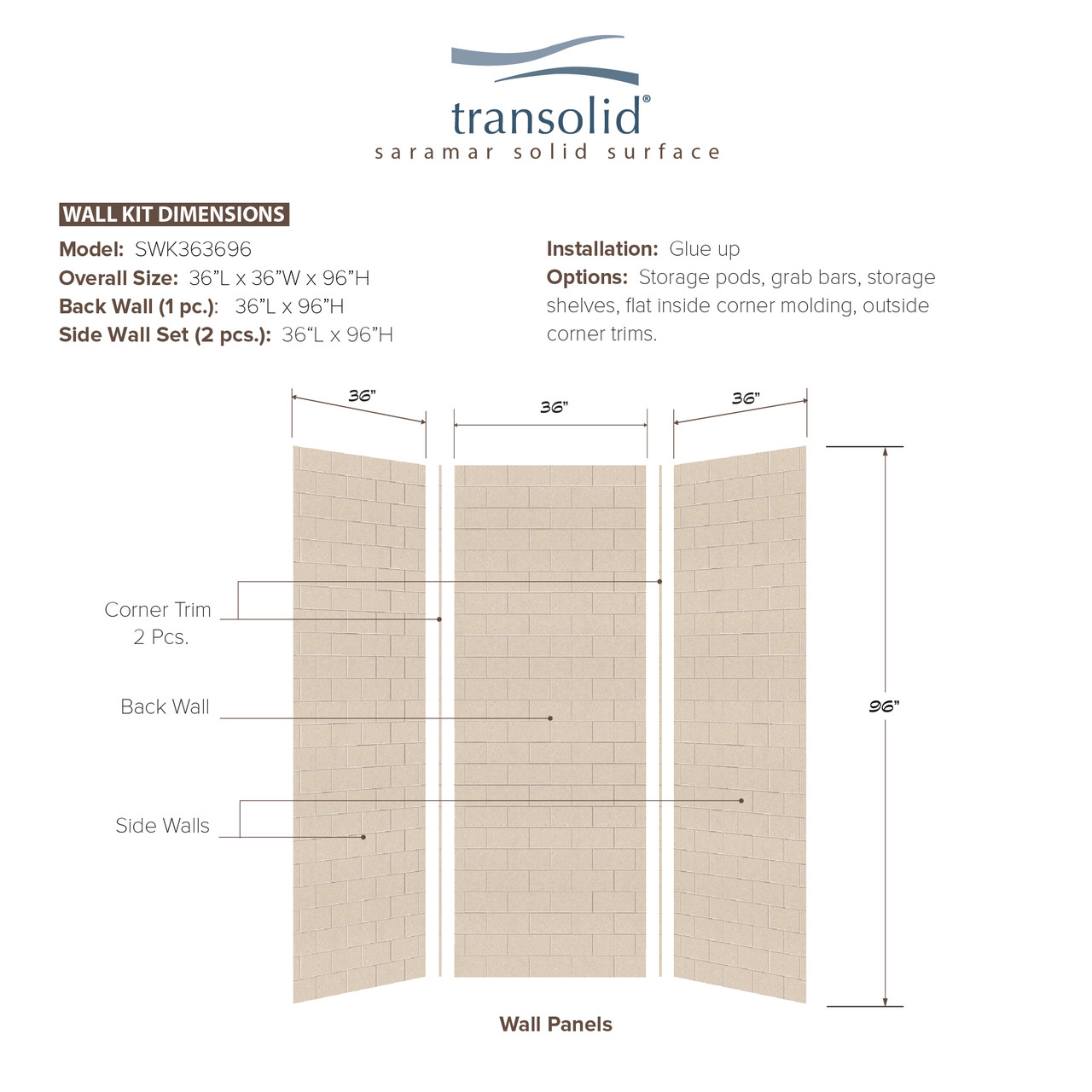 36-In X 36-In X 96-In 3-Piece Shower Wall Trimmable Kit, In Cashew