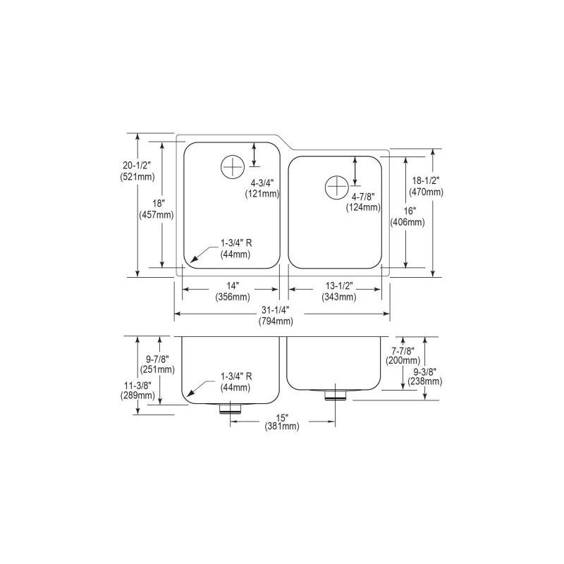 Elkay ELUHAD312050RPD Stainless Steel Double Bowl Undermount Sink Kit with Perfect Drain in Lustrous Highlighted Satin