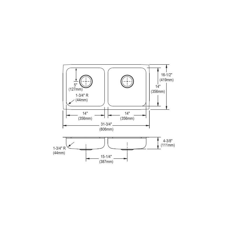 Elkay ELUHAD321655 Stainless Steel Double Bowl Undermount Sink in Lustrous Highlighted Satin