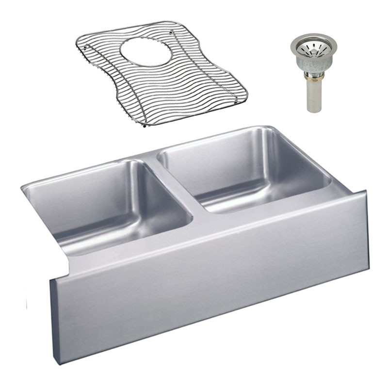 Stainless Steel Double Bowl Apron Front Undermount Sink Kit in Lustrous Highlighted Satin