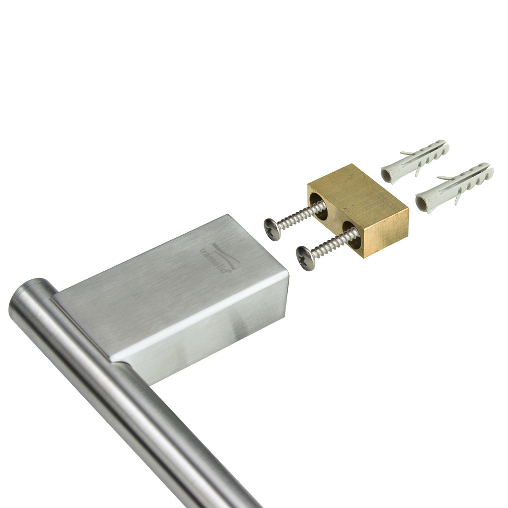 5-Piece Bathroom Accessory Kit Including a robe hook, a toilet paper holder, a towel ring, a 24-in towel bar, and a 16-in shelf with soap dish, in Brushed Stainless