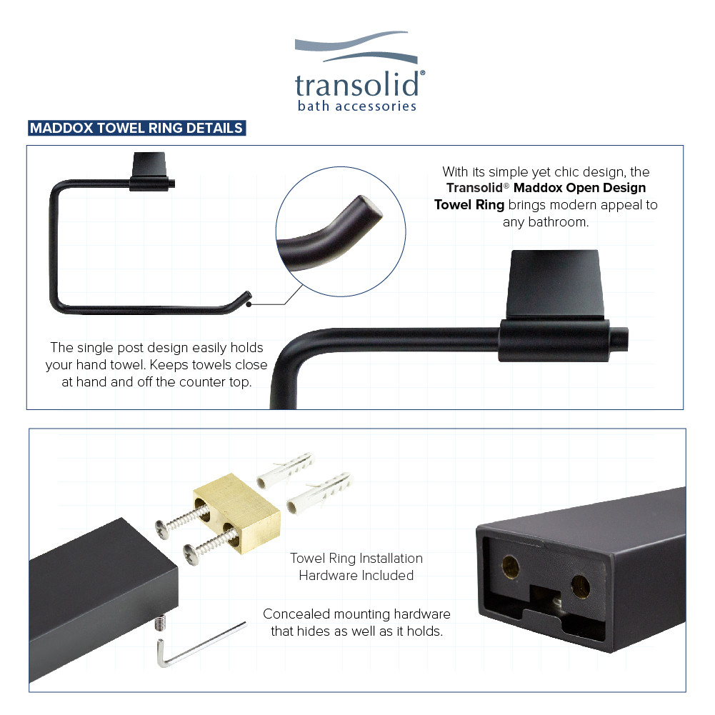 5-Piece Bathroom Accessory Kit Including a robe hook, a toilet paper holder, a towel ring, a 24-in towel bar, and a 16-in shelf with soap dish, in Black