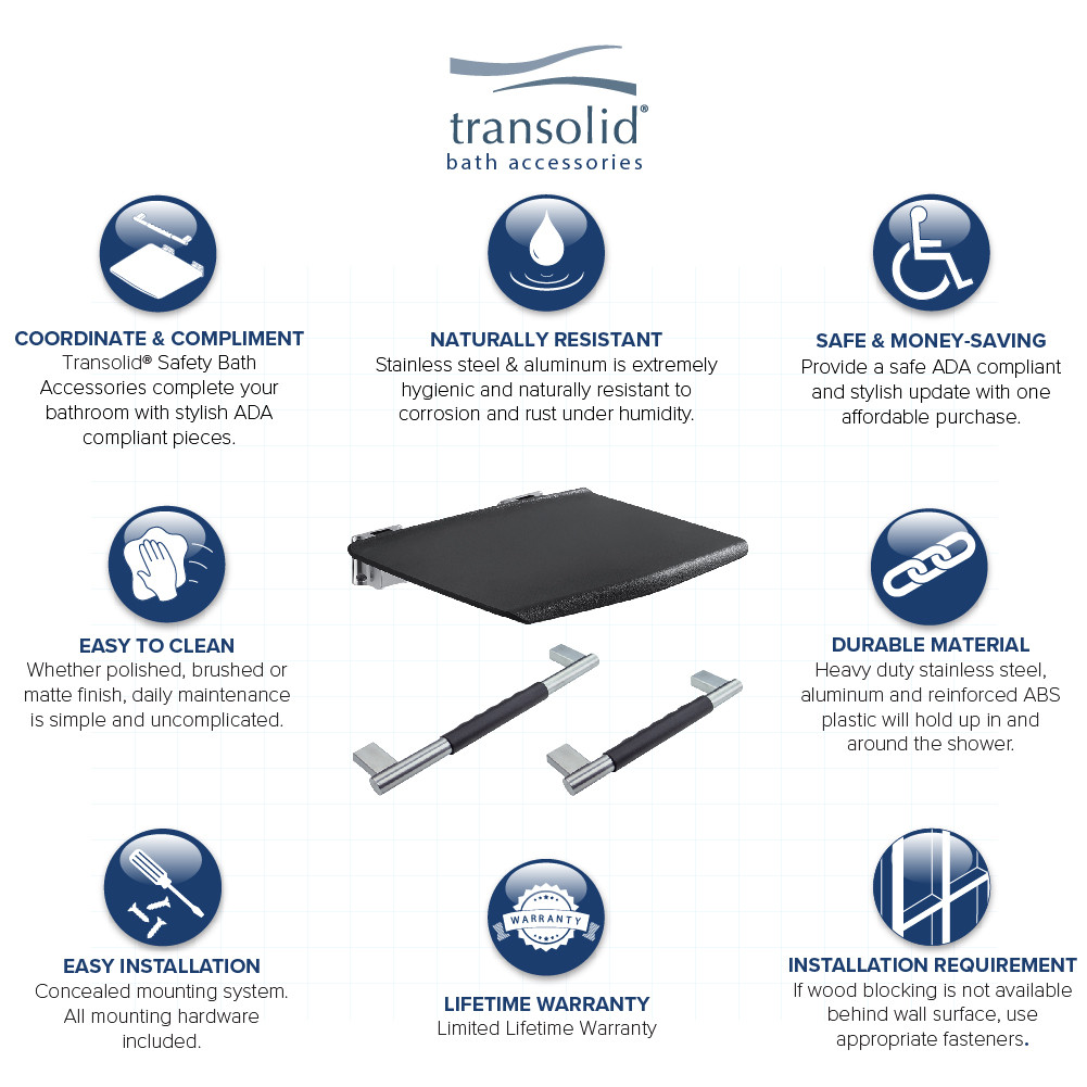 3-Piece Bathroom Safety Accessory Kit Including a fold-up shower seat, a 16-in grab bar, and a 12-in grab bar, in Black/Brushed Stainless