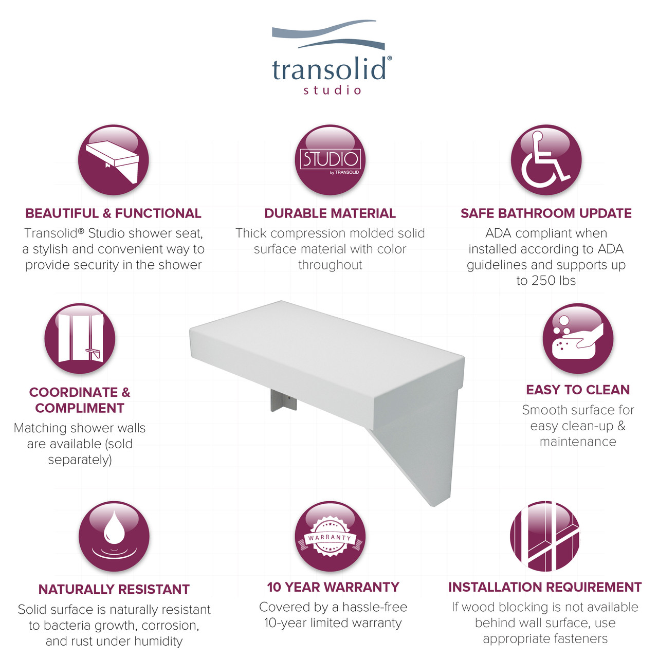 Transolid Studio Rectangular Shower Seat in White