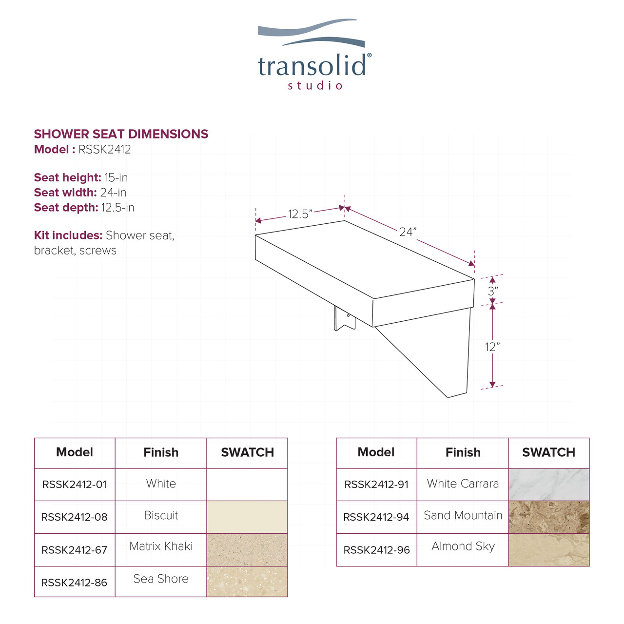 Transolid Studio Rectangular Shower Seat in White