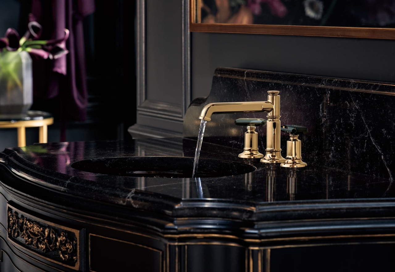 Black Crystal Knob Widespread Handle Kit in Polished Gold
