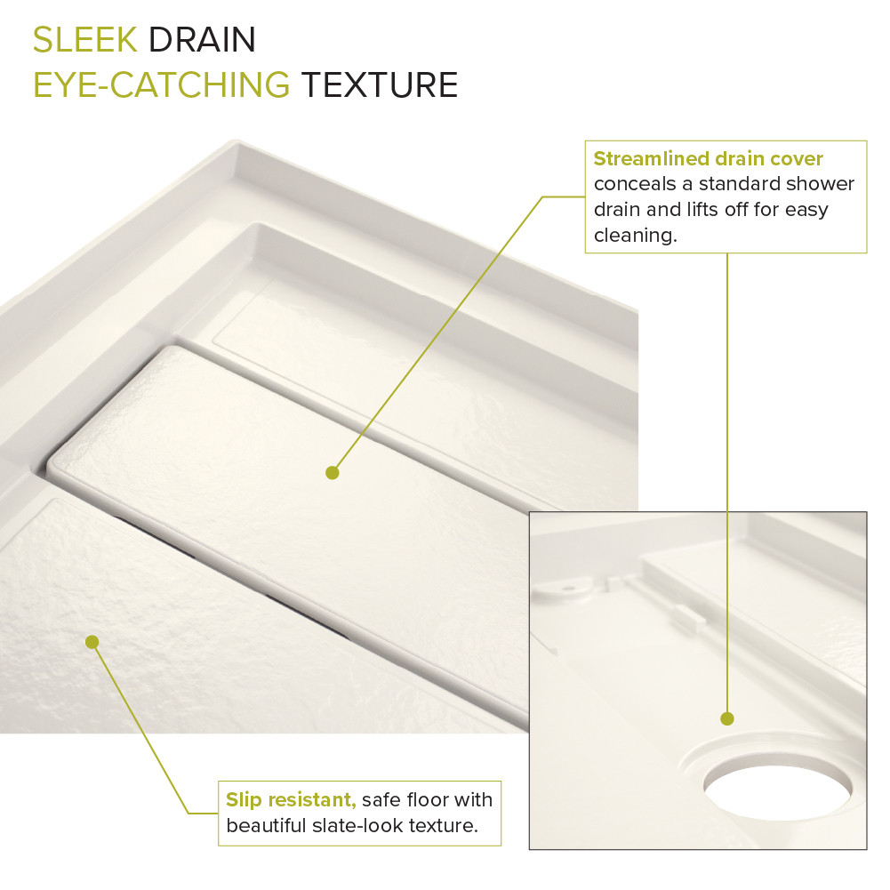 Transolid FLU6030R-32 Linear 60-in W x 30-in L Rectangular Alcove Concealed End Drain Shower Base with Right Hand Drain in Cameo