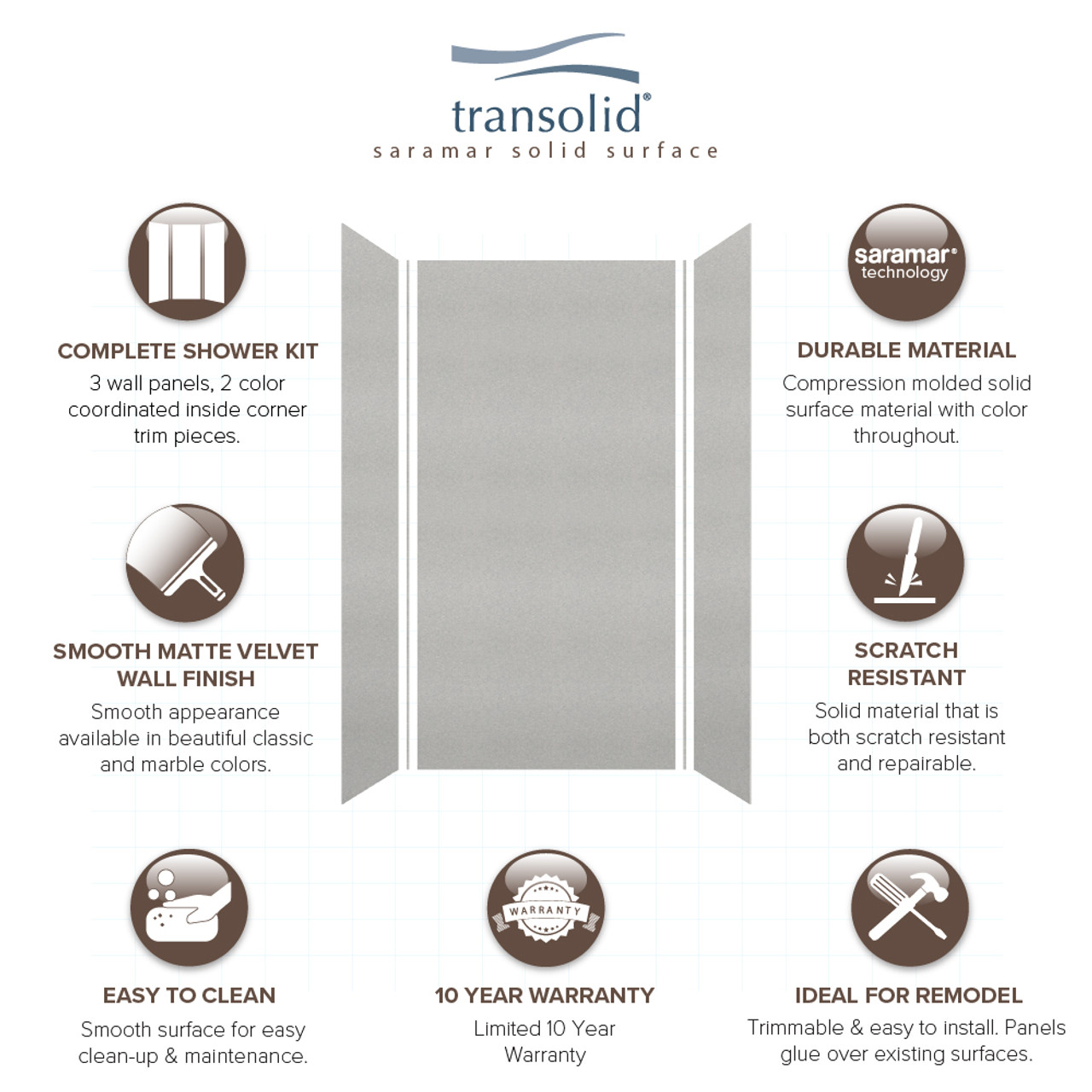 Transolid SWK483696-27V SaraMar 48-in x 36-in x 96-in Glue to Wall 3-Piece Shower Wall Trimmable Kit, Grey Beach Velvet