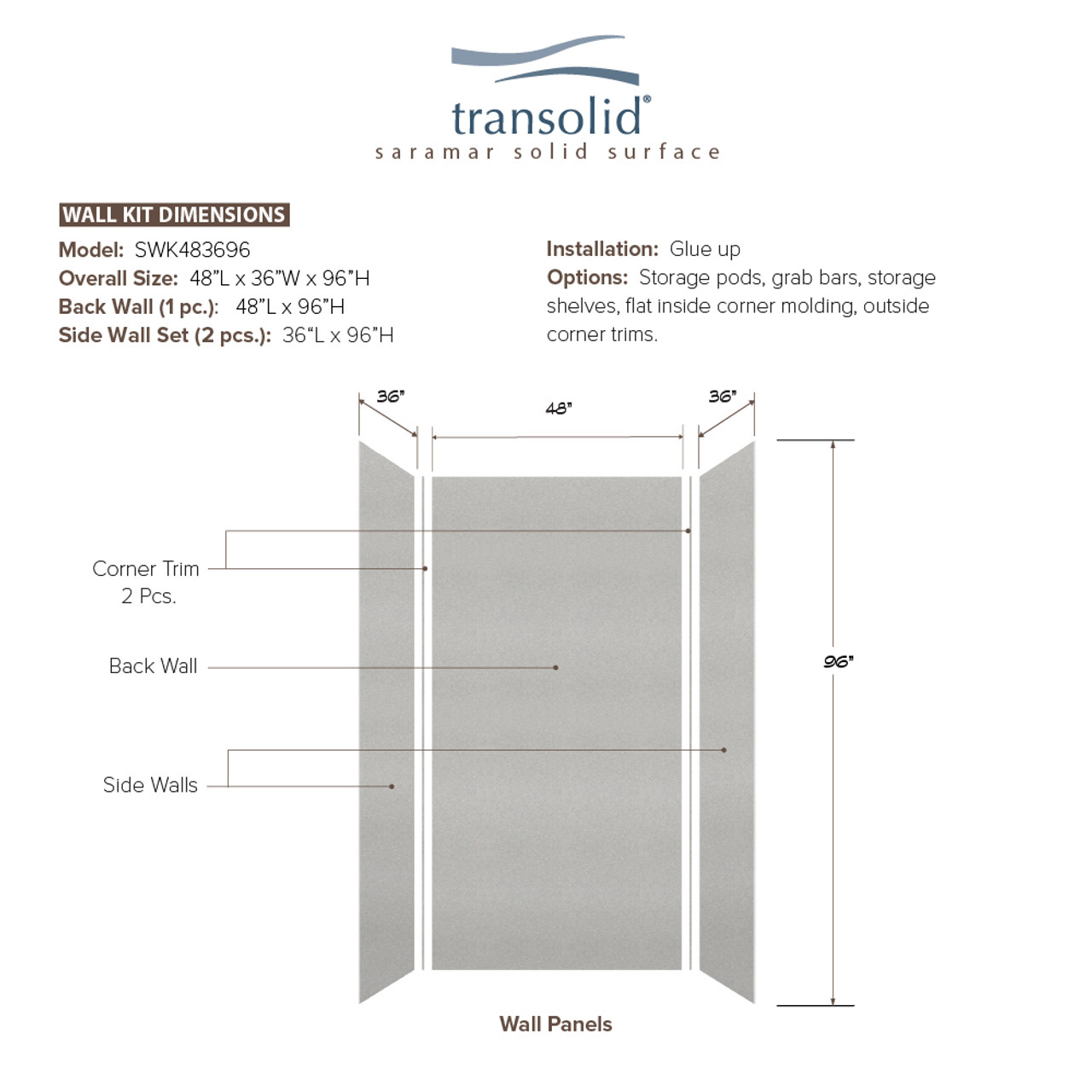 Transolid SWK483696-27V SaraMar 48-in x 36-in x 96-in Glue to Wall 3-Piece Shower Wall Trimmable Kit, Grey Beach Velvet