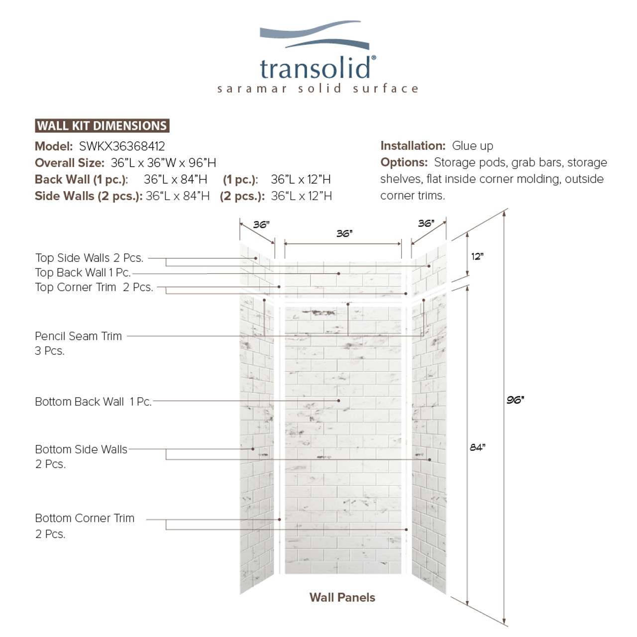 Transolid SWKX36368412-47 SaraMar 36-in x 36-in x 96-in Glue to Wall 6-Piece Shower Wall Trimmable Kit with Extension, White Venito