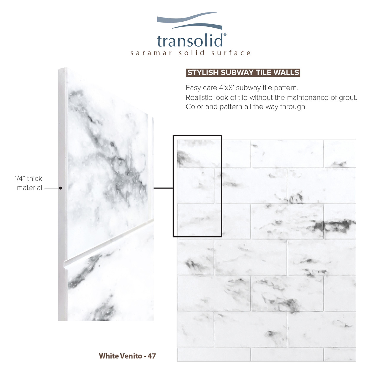 Transolid SWKX36368412-47 SaraMar 36-in x 36-in x 96-in Glue to Wall 6-Piece Shower Wall Trimmable Kit with Extension, White Venito