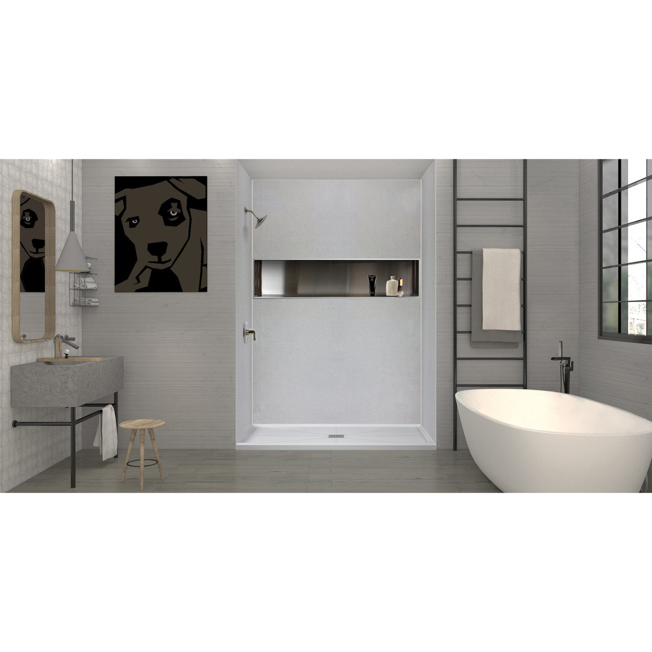 Linear 36 in. L x 48 in. W Alcove Shower Pan Base with Center Drain in Grey