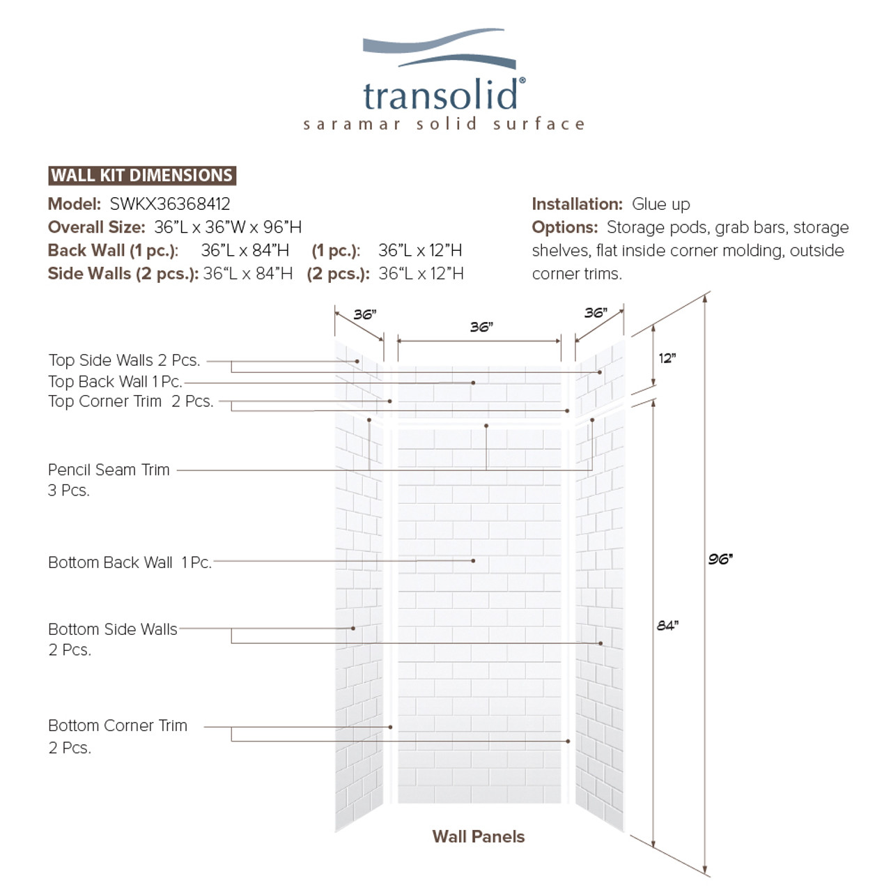 Transolid SWKX36368412-21 SaraMar 36-in x 36-in x 96-in Glue to Wall 6-Piece Shower Wall Trimmable Kit with Extension, White