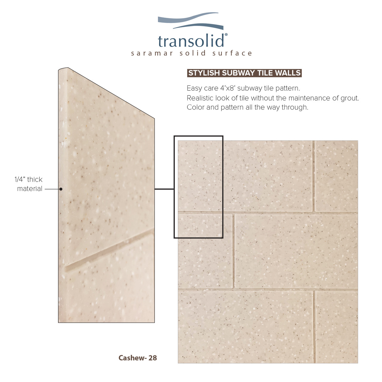 Transolid SWKX36368412-28 SaraMar 36-in x 36-in x 96-in Glue to Wall 6-Piece Shower Wall Trimmable Kit with Extension, Cashew