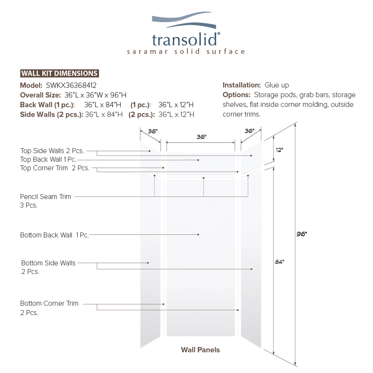 Transolid SWKX36368412-21V SaraMar 36-in x 36-in x 96-in Glue to Wall 6-Piece Shower Wall Trimmable Kit with Extension, White Velvet