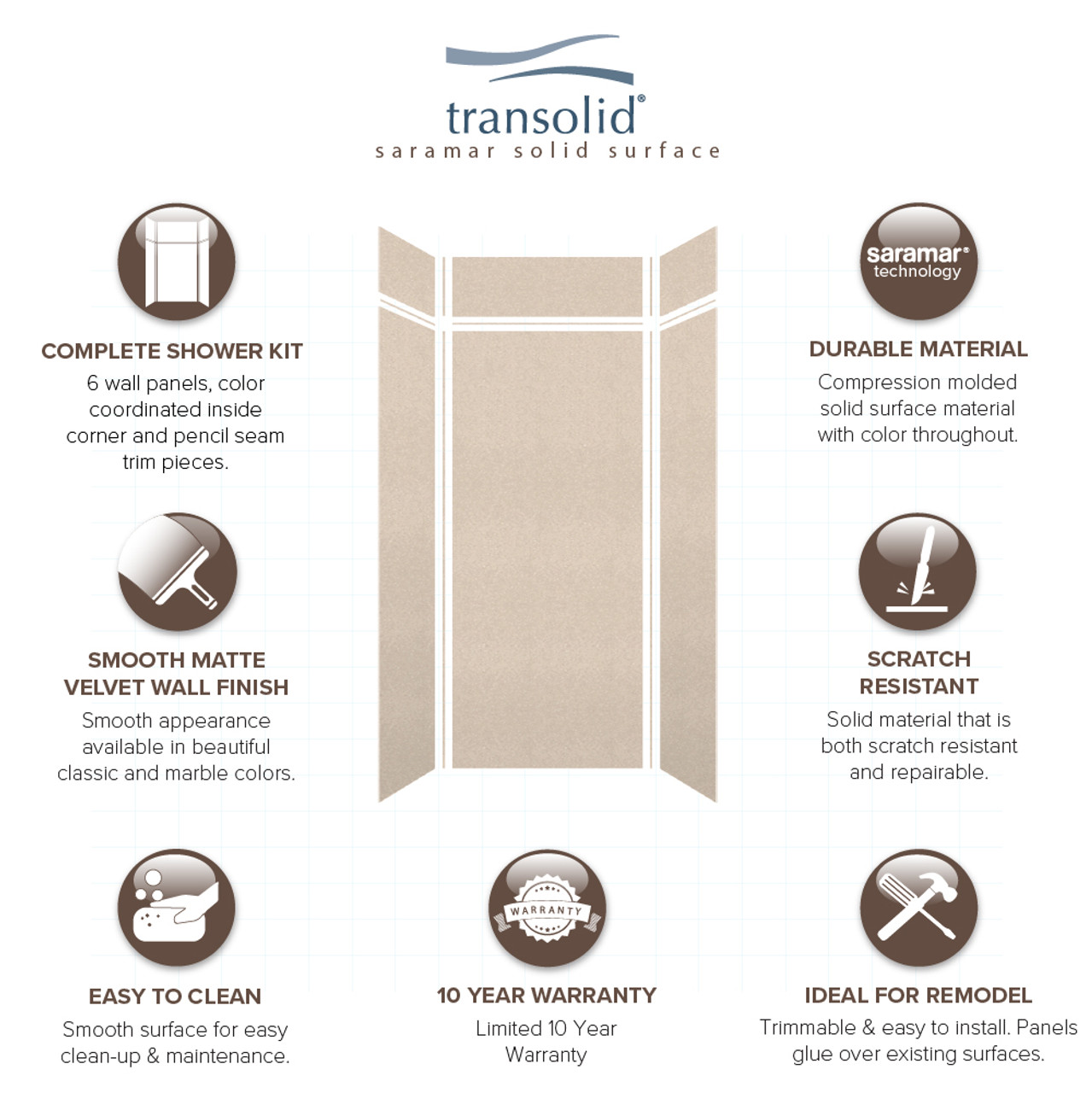 Transolid SWKX36368412-28V SaraMar 36-in x 36-in x 96-in Glue to Wall 6-Piece Shower Wall Trimmable Kit with Extension, Cashew Velvet