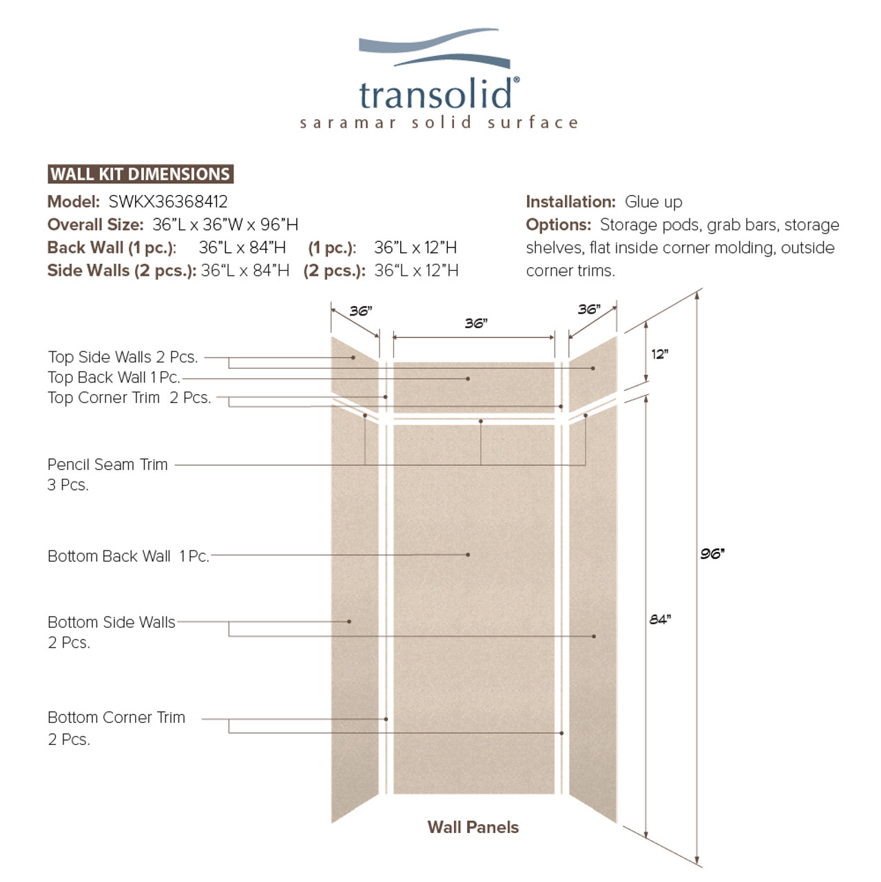 Transolid SWKX36368412-28V SaraMar 36-in x 36-in x 96-in Glue to Wall 6-Piece Shower Wall Trimmable Kit with Extension, Cashew Velvet