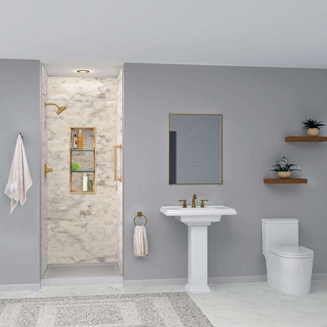 Transolid SWKX36368412-49V SaraMar 36-in x 36-in x 96-in Glue to Wall 6-Piece Shower Wall Trimmable Kit with Extension, Sand Creme Velvet