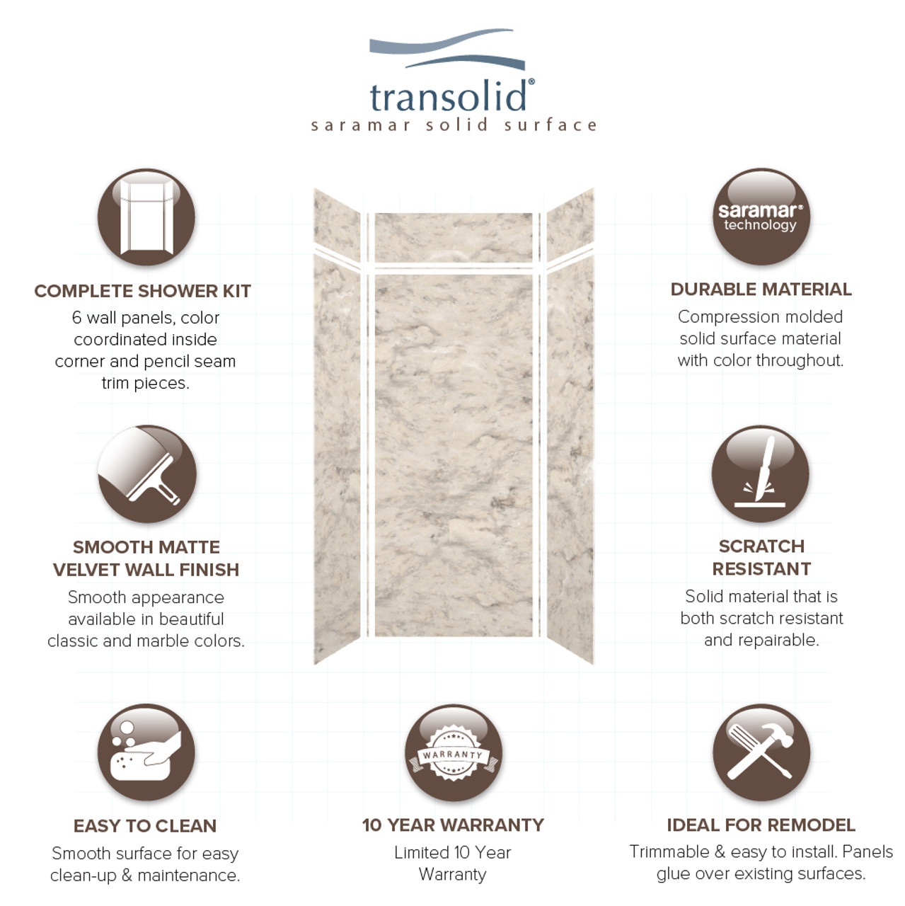 Transolid SWKX36368412-49V SaraMar 36-in x 36-in x 96-in Glue to Wall 6-Piece Shower Wall Trimmable Kit with Extension, Sand Creme Velvet