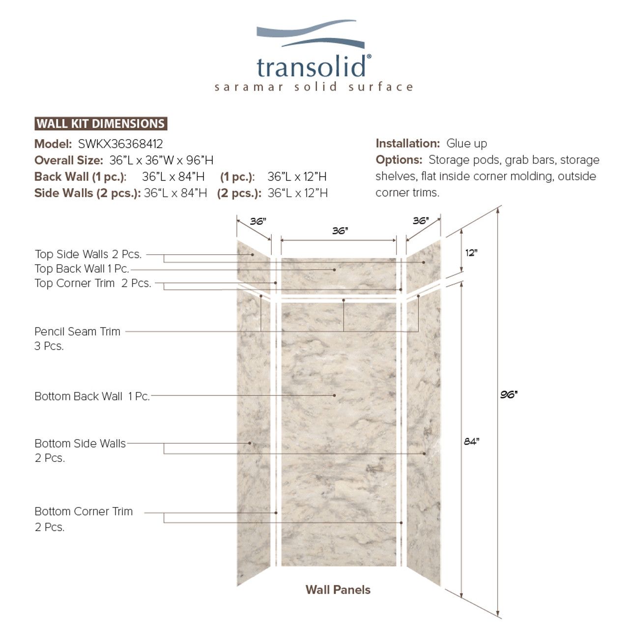 Transolid SWKX36368412-49V SaraMar 36-in x 36-in x 96-in Glue to Wall 6-Piece Shower Wall Trimmable Kit with Extension, Sand Creme Velvet