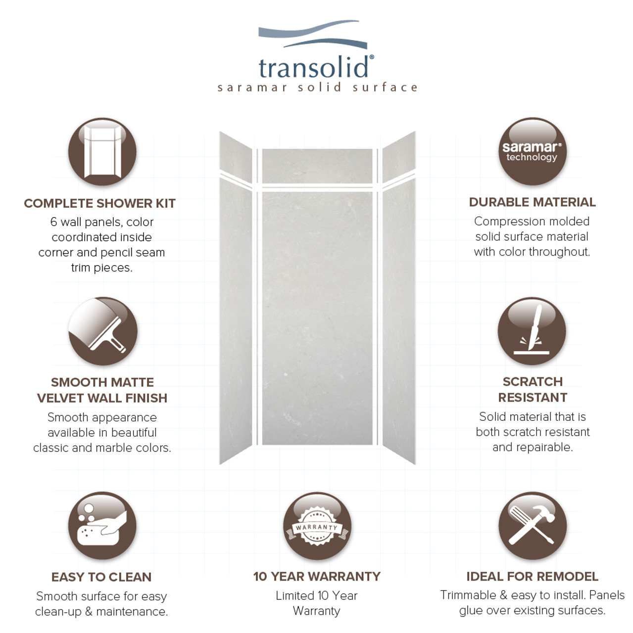 Transolid SWKX36368412-50V SaraMar 36-in x 36-in x 96-in Glue to Wall 6-Piece Shower Wall Trimmable Kit with Extension, Lunar Velvet
